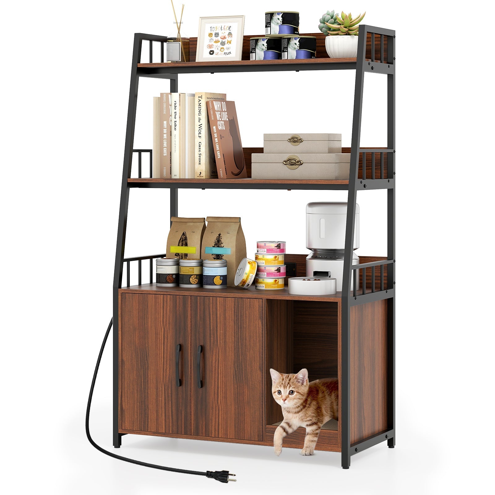 Cat Litter Box Enclosure with Storage Shelves and Scratching Pad Walnut