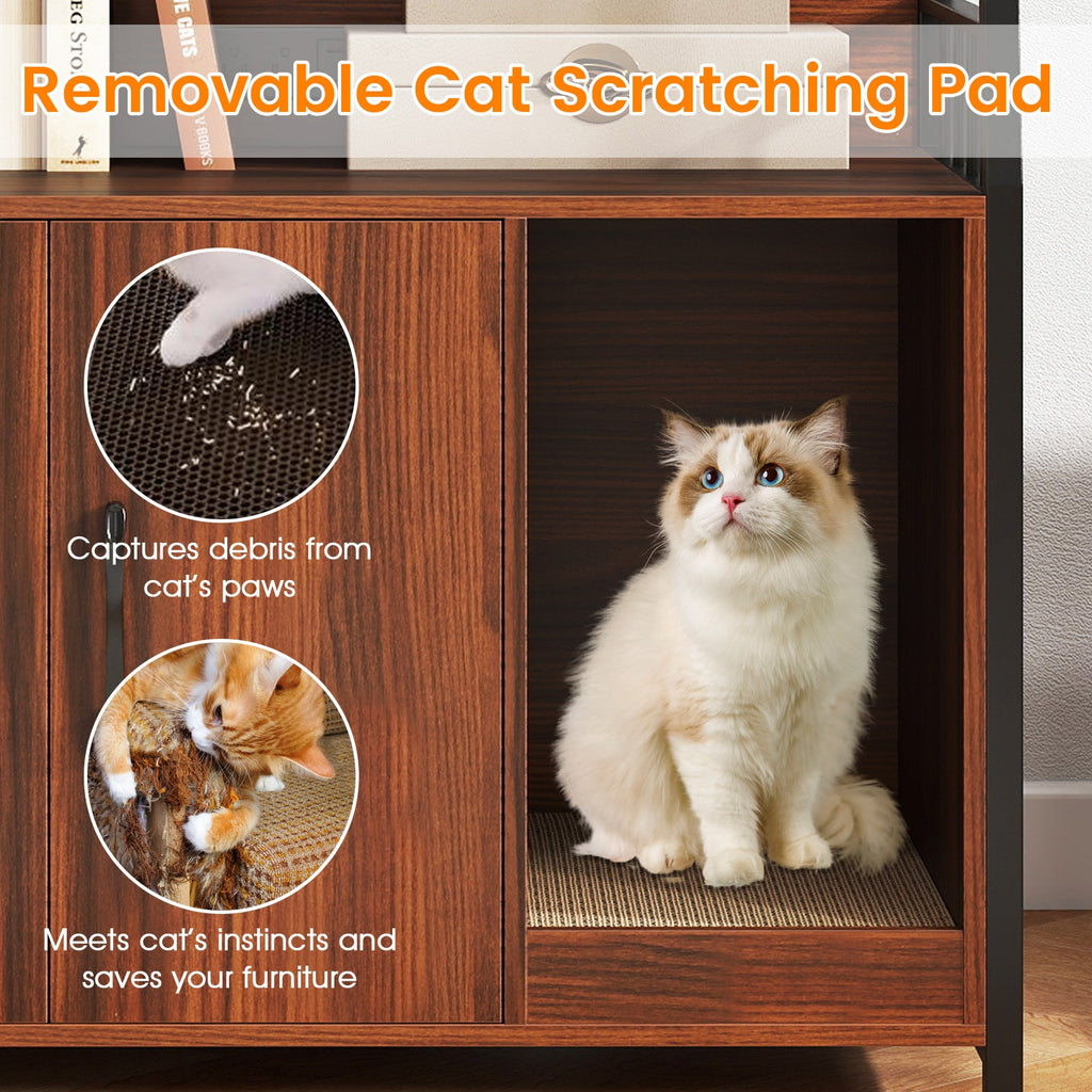 Cat Litter Box Enclosure with Storage Shelves and Scratching Pad