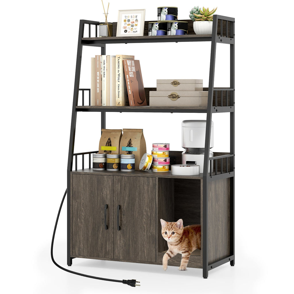 Cat Litter Box Enclosure with Storage Shelves and Scratching Pad Gray