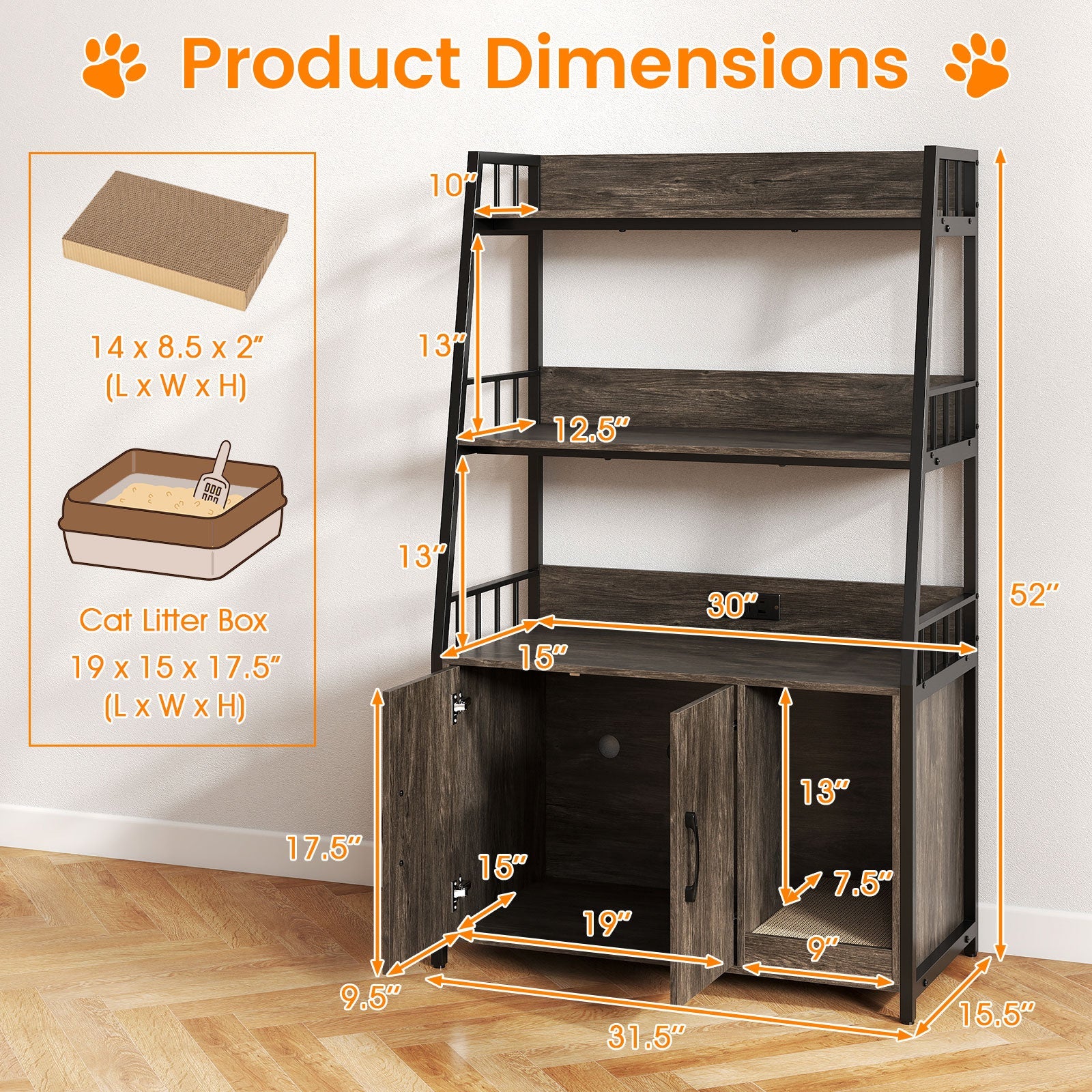 Cat Litter Box Enclosure with Storage Shelves and Scratching Pad