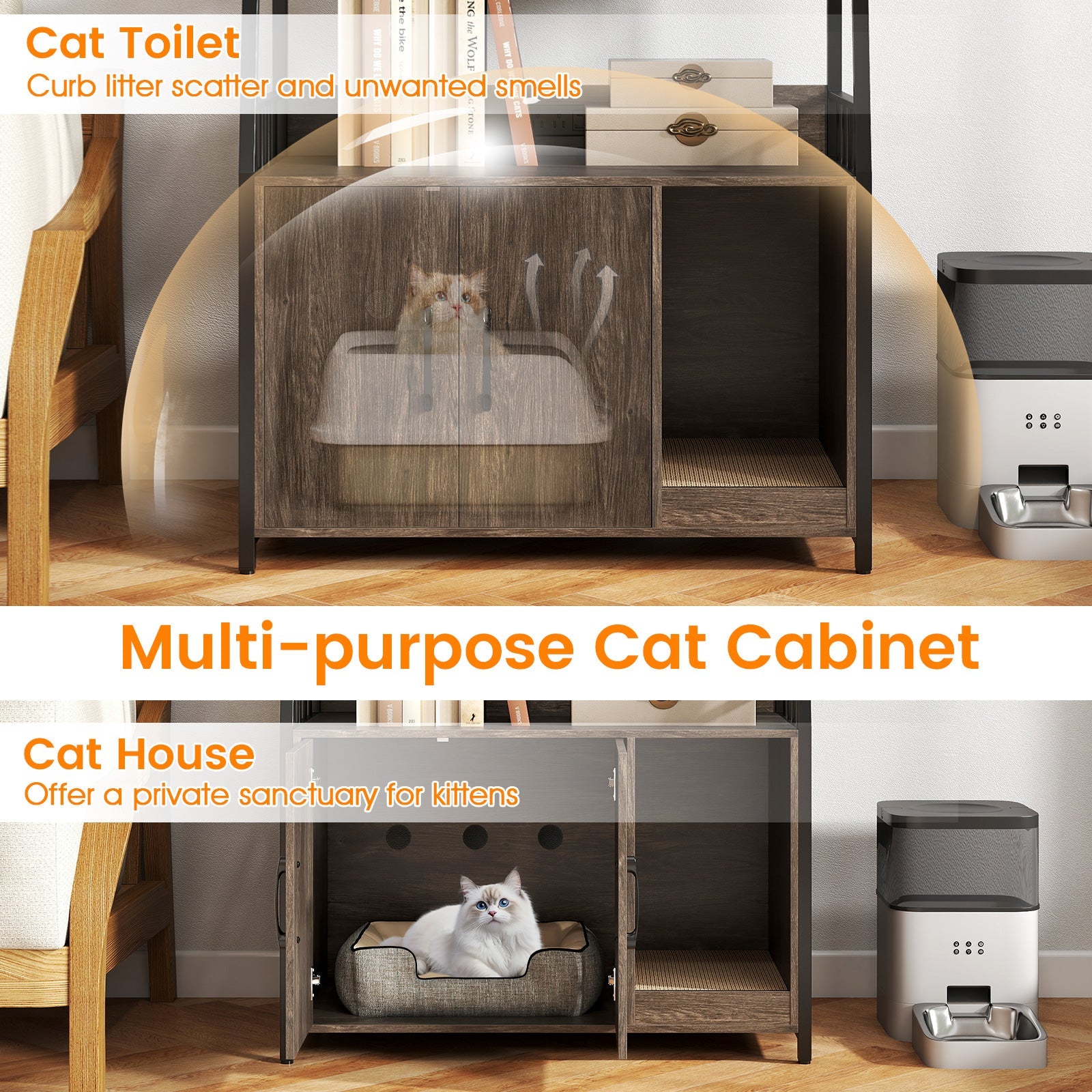 Cat Litter Box Enclosure with Storage Shelves and Scratching Pad