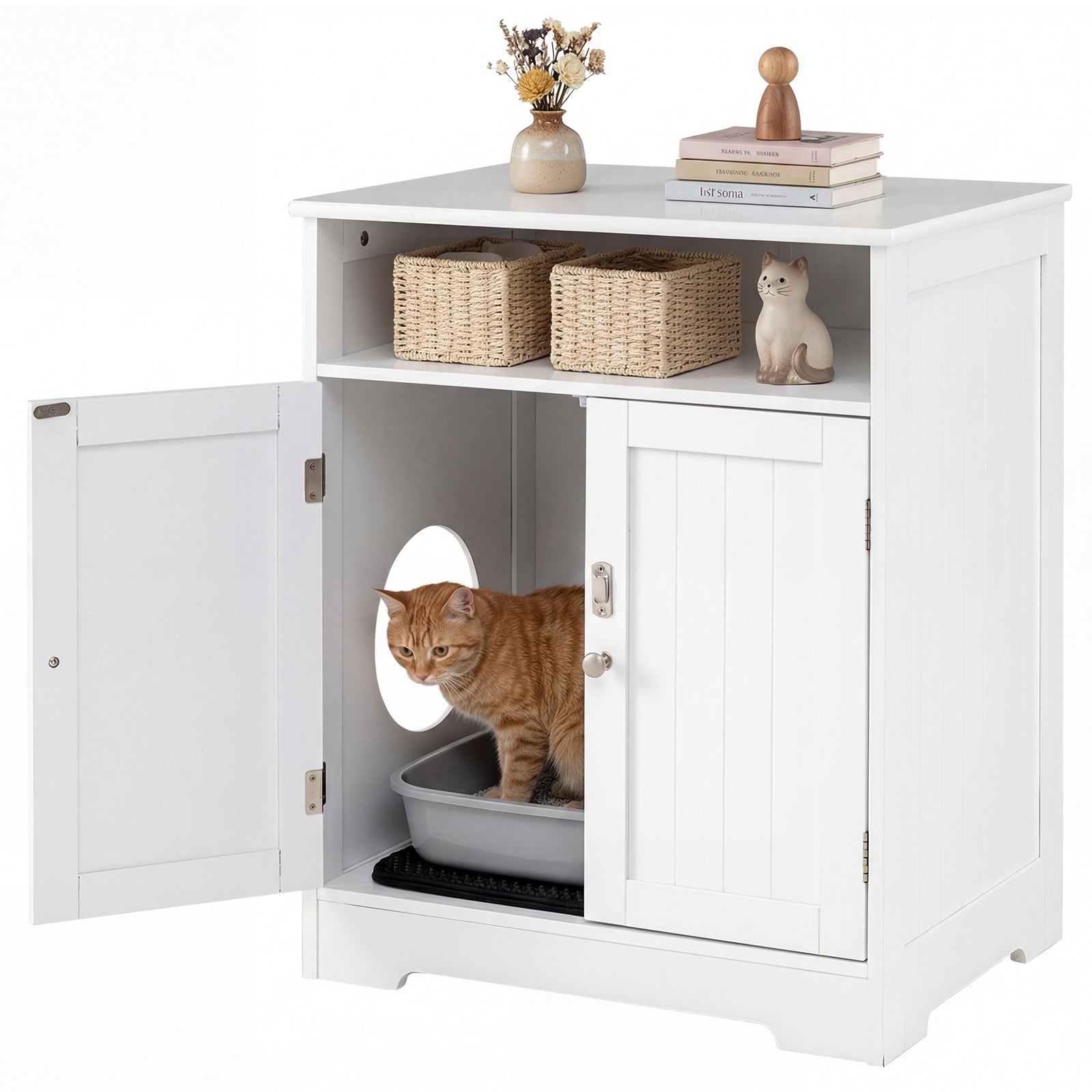 Cat Litter Box Enclosure Wooden Hidden Pet Washroom Furniture-White Default Title