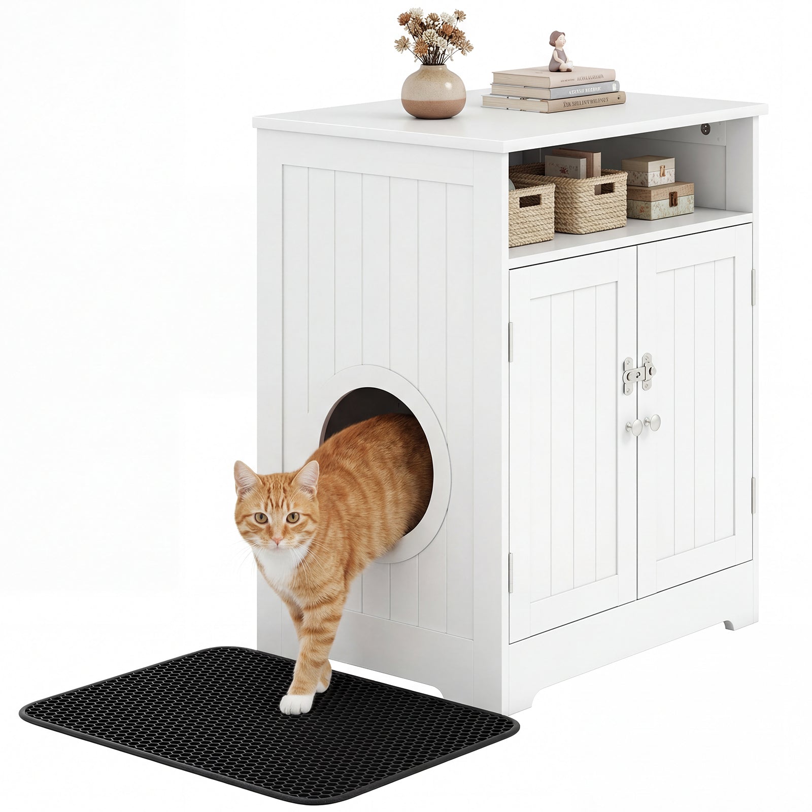 Cat Litter Box Enclosure Wooden Hidden Pet Washroom Furniture-White