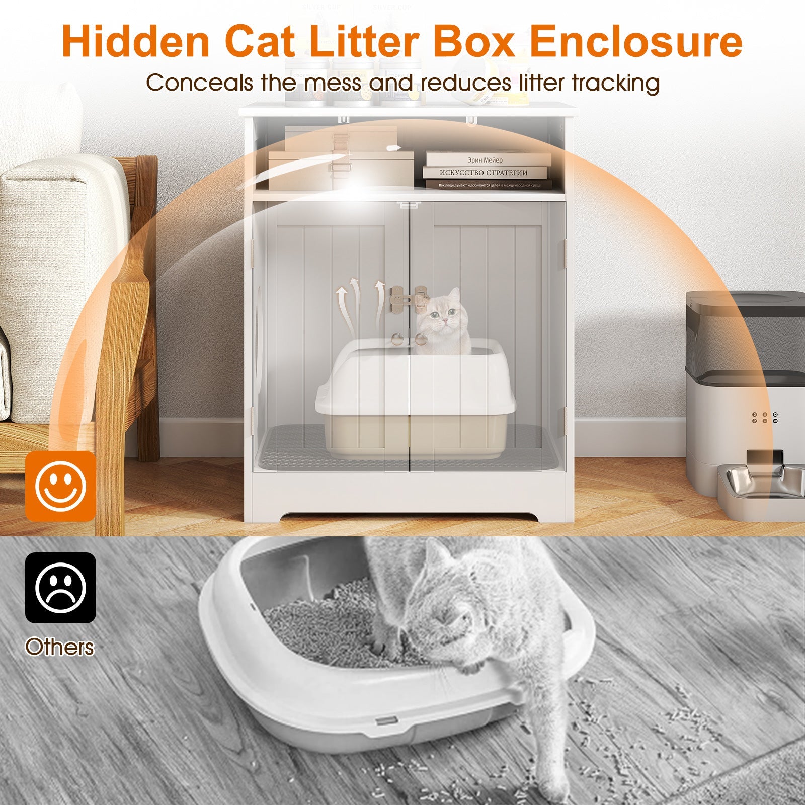 Cat Litter Box Enclosure Wooden Hidden Pet Washroom Furniture-White
