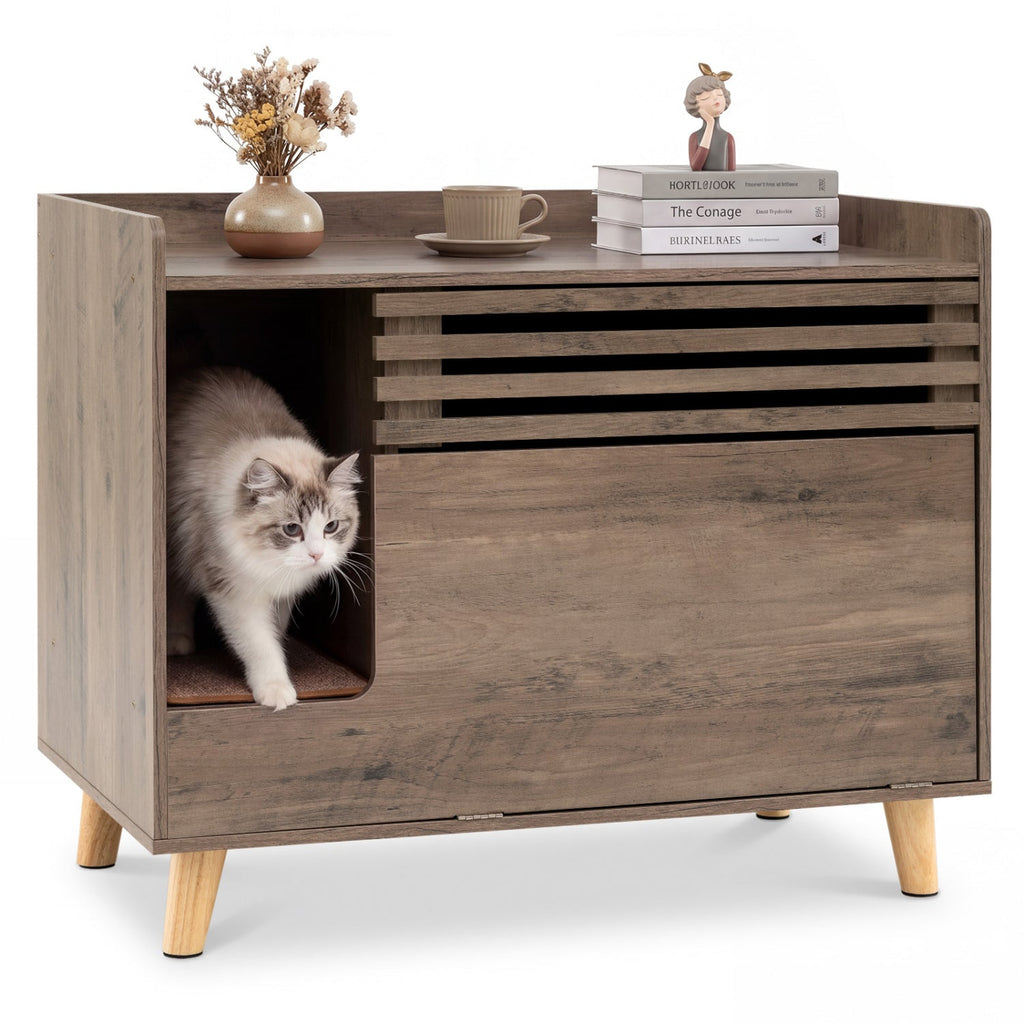Cat Litter Box Enclosure with Flip-down Opening Door and Scratching Mat