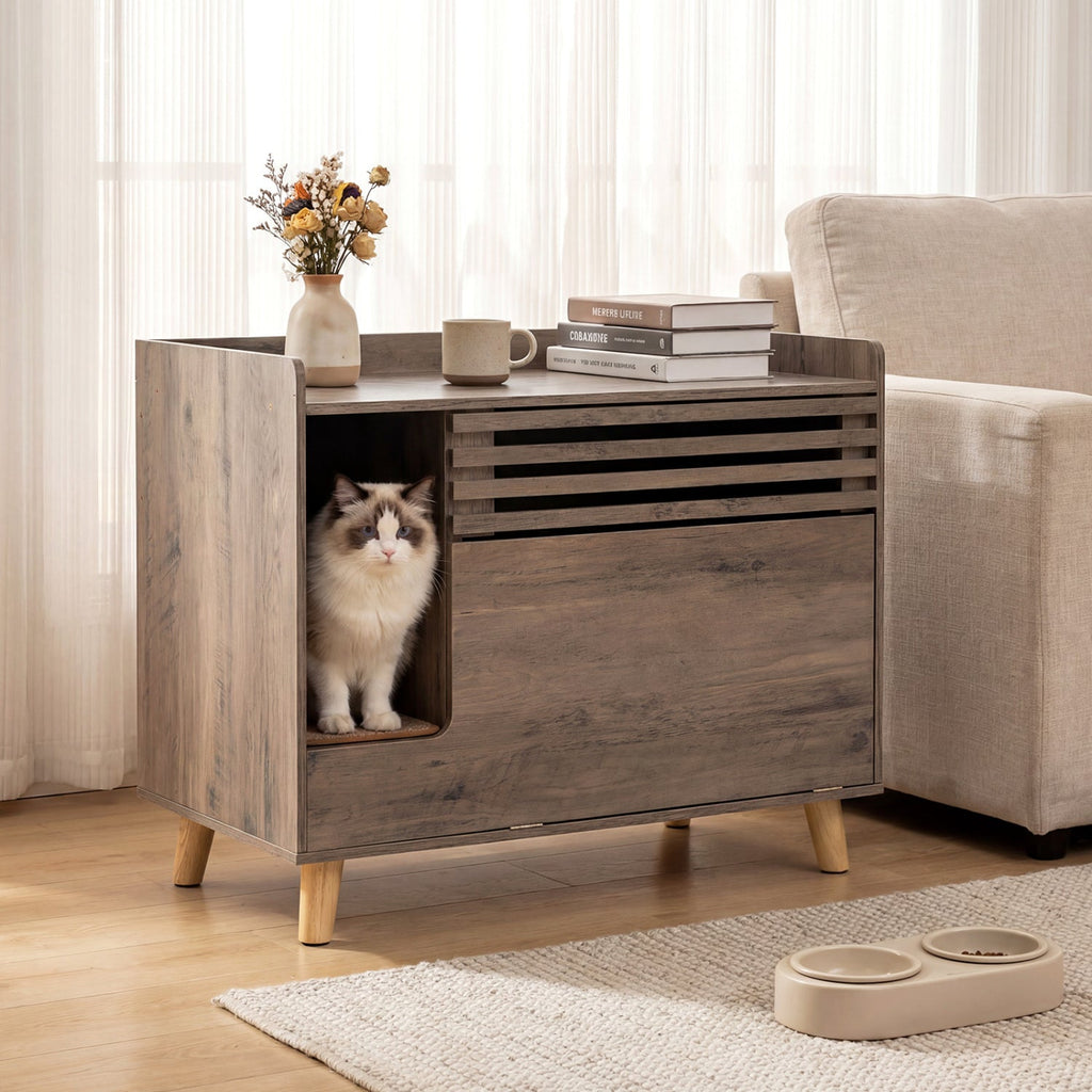 Cat Litter Box Enclosure with Flip-down Opening Door and Scratching Mat