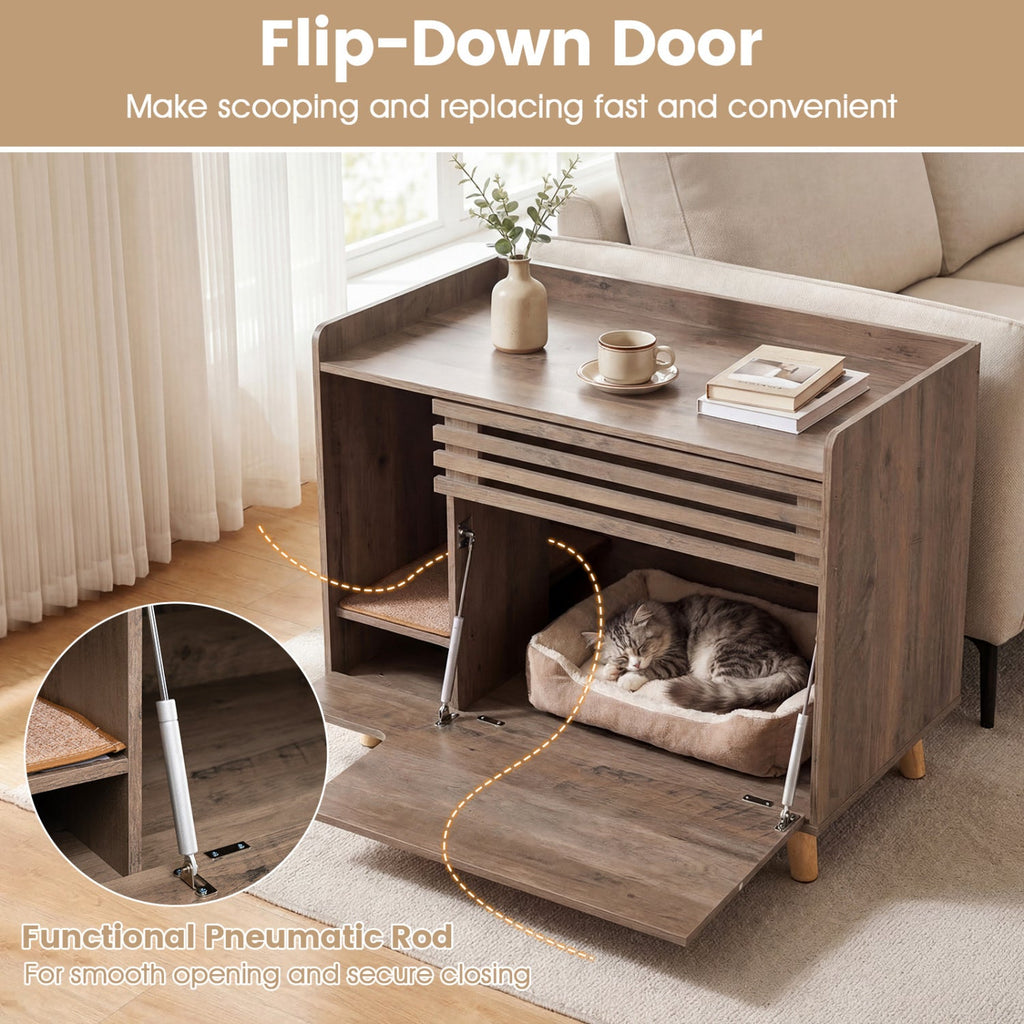 Cat Litter Box Enclosure with Flip-down Opening Door and Scratching Mat