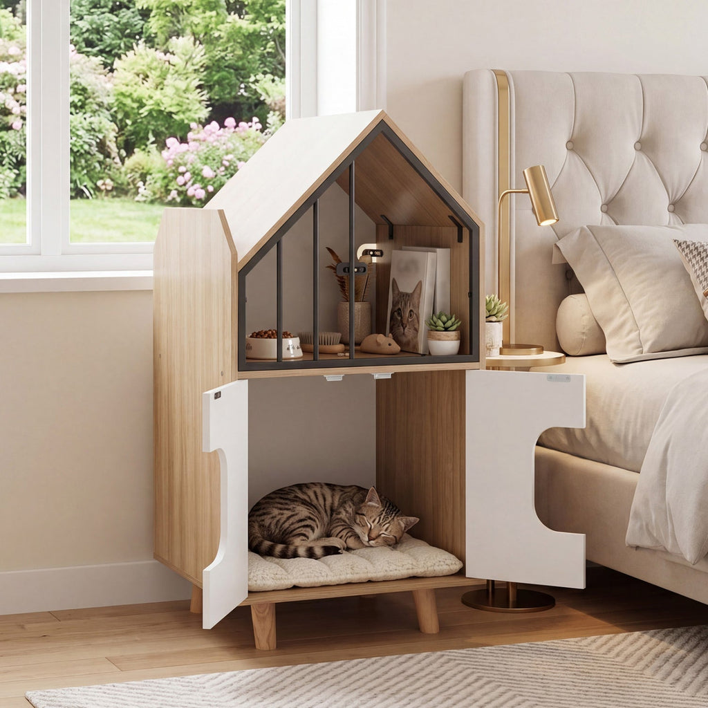 Cat Litter Box Enclosure with Shelf and Double Doors