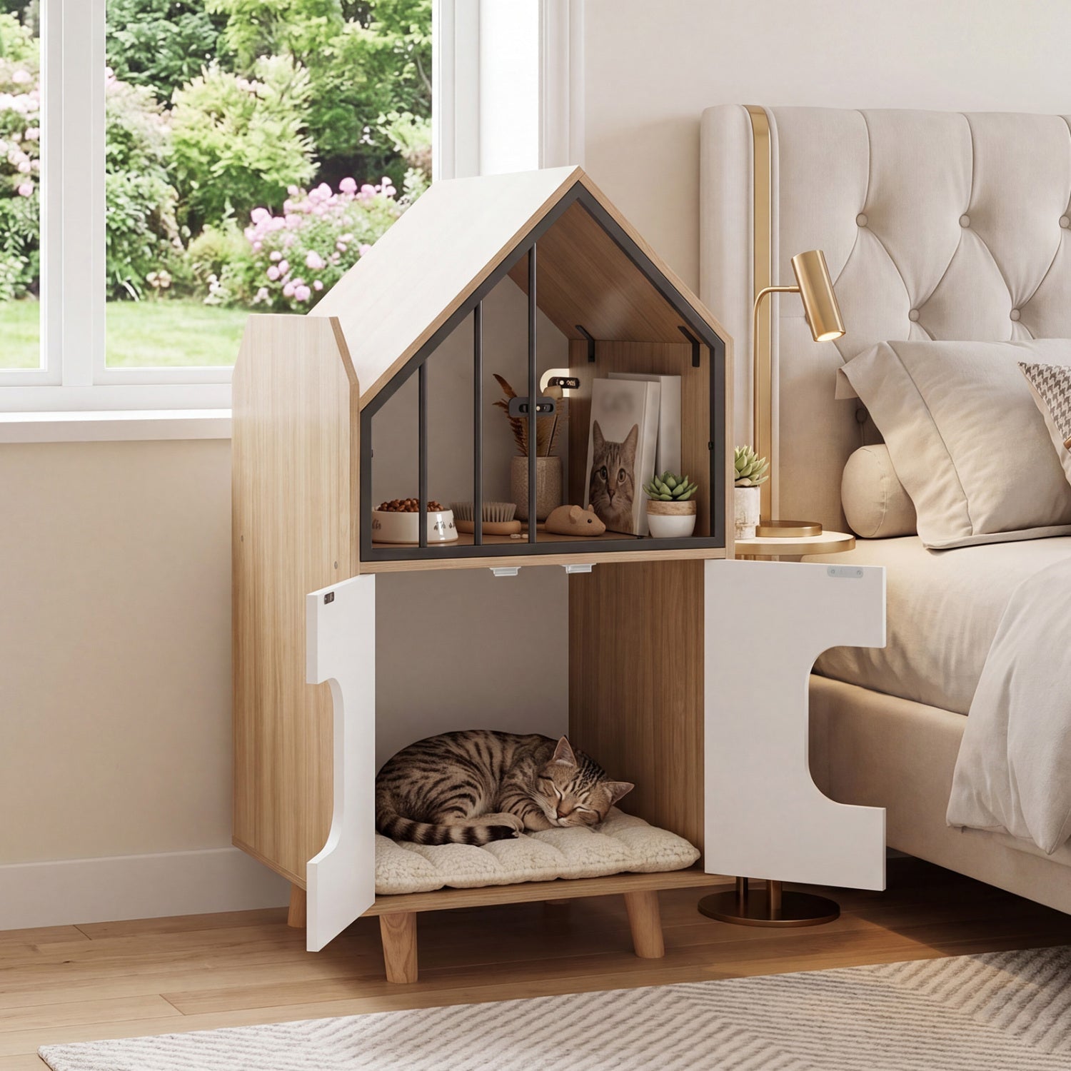 Cat Litter Box Enclosure with Shelf and Double Doors