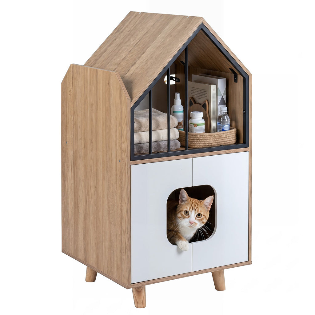 Cat Litter Box Enclosure with Shelf and Double Doors