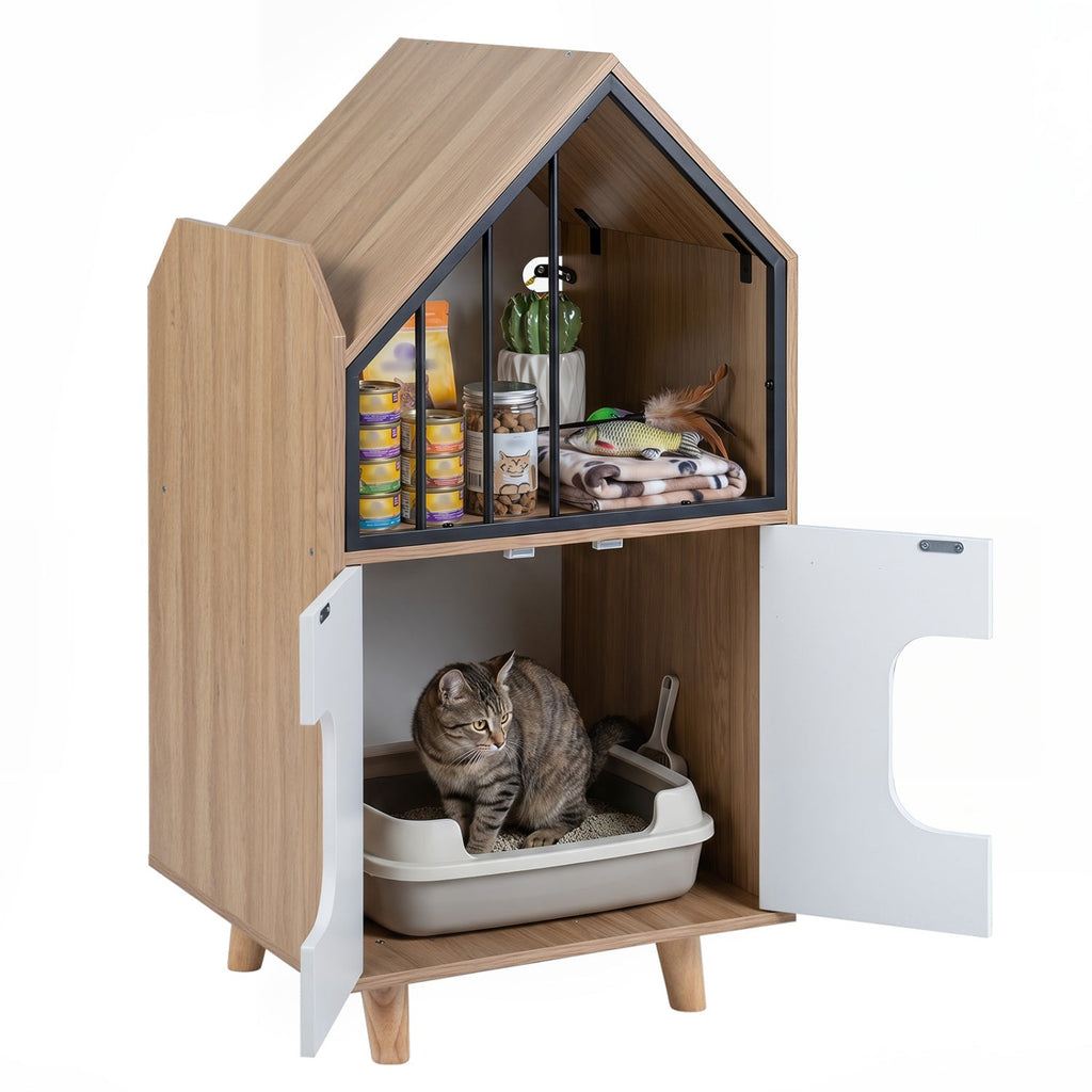 Cat Litter Box Enclosure with Shelf and Double Doors