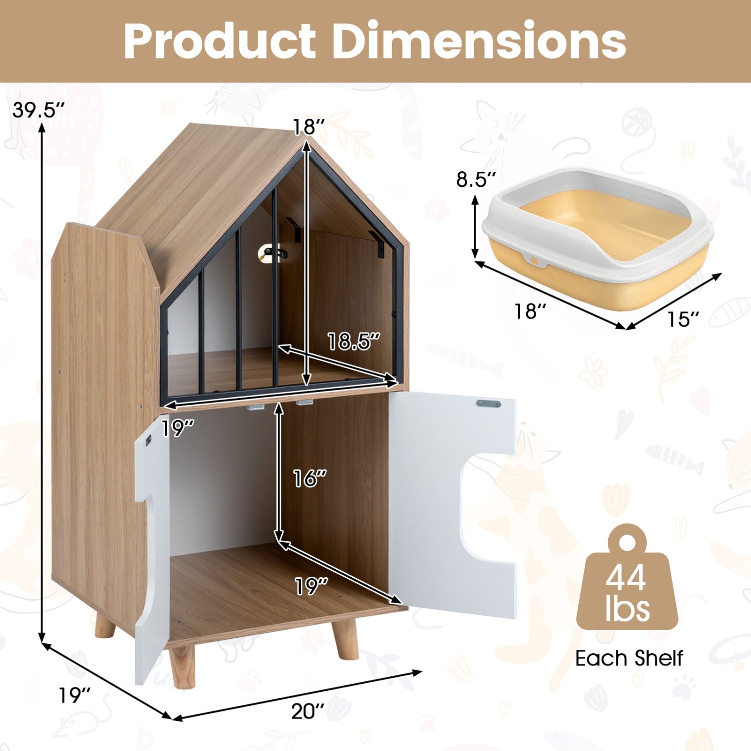Cat Litter Box Enclosure with Shelf and Double Doors