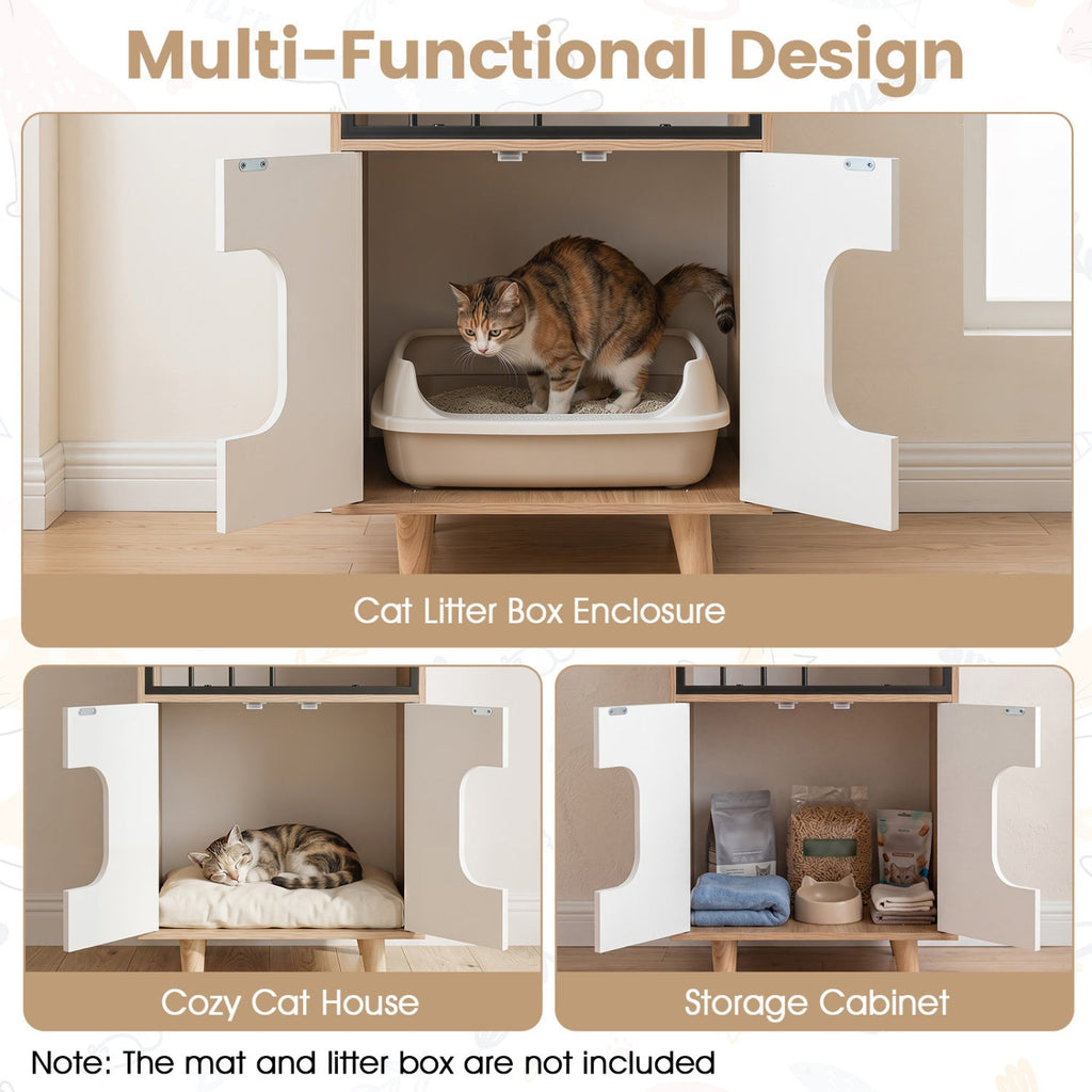 Cat Litter Box Enclosure with Shelf and Double Doors