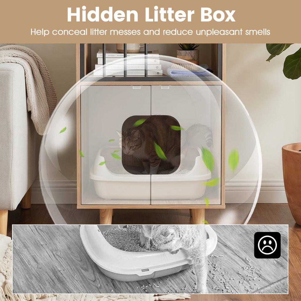 Cat Litter Box Enclosure with Shelf and Double Doors