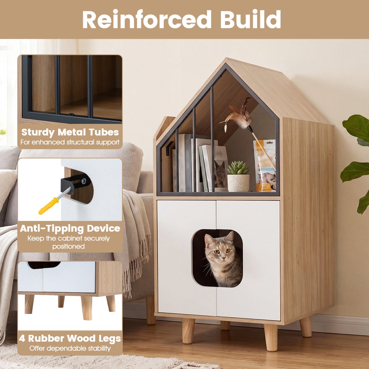 Cat Litter Box Enclosure with Shelf and Double Doors