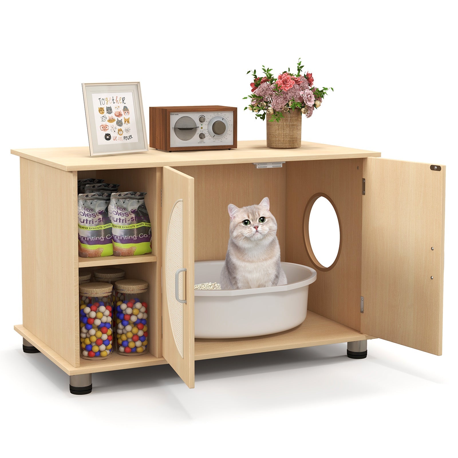 Cat Litter Box Enclosure with Sisal Scratching Doors and Adjustable Metal Feet-Natural Default Title