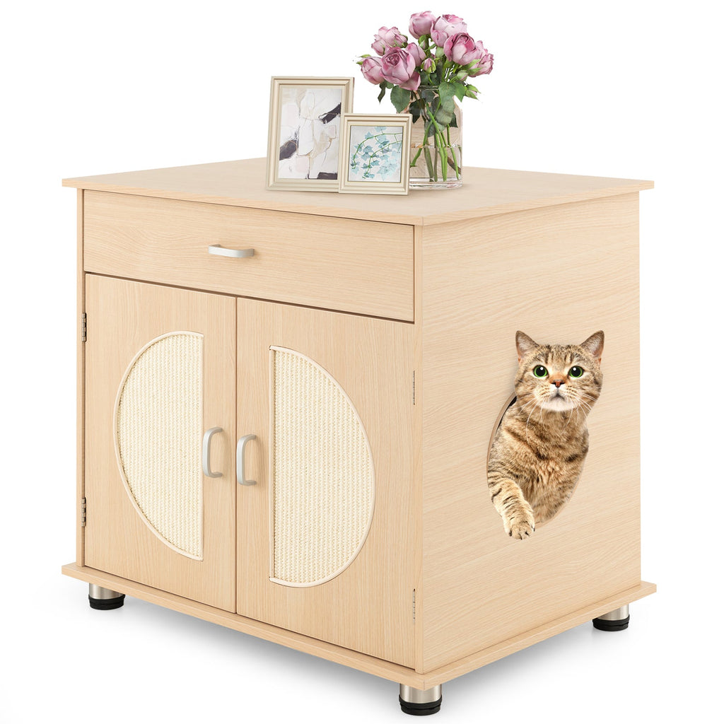 Cat Litter Box Enclosure with Sisal Scratching Doors and Storage-Natural Default Title