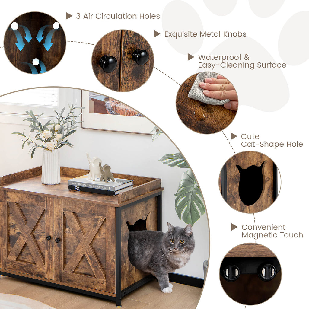 Cat Litter Box Enclosure with Double Doors and Adjustable Footpads-Brown Default Title