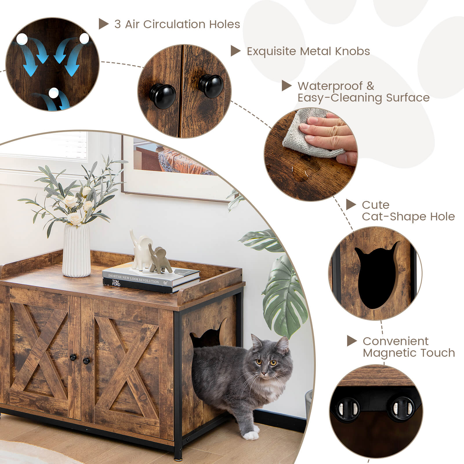 Cat Litter Box Enclosure with Double Doors and Adjustable Footpads-Brown Default Title