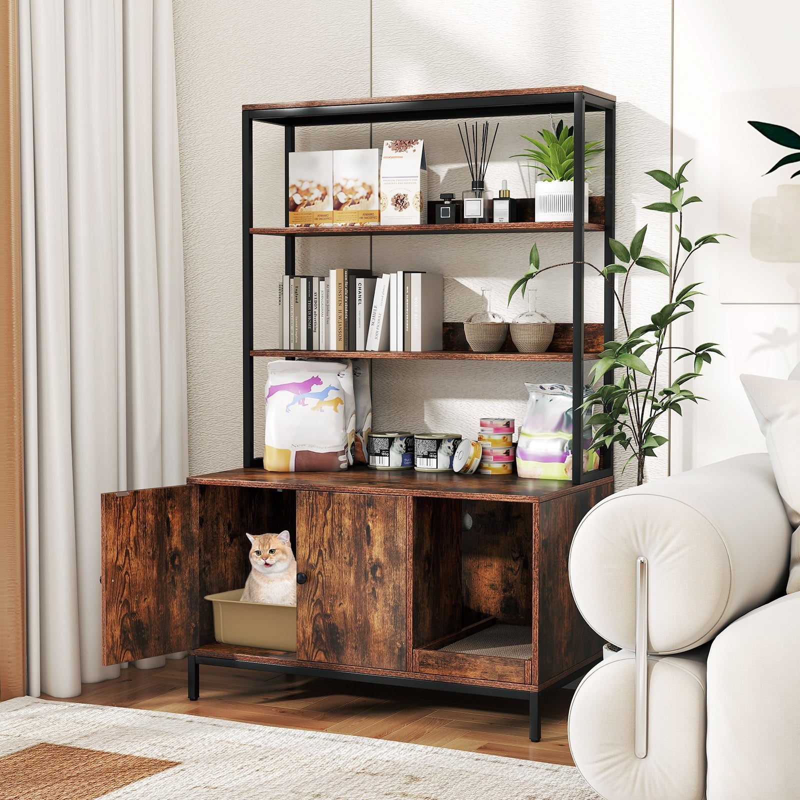57 Inches Cat Litter Box Enclosure with Storage and Removable Scratcher