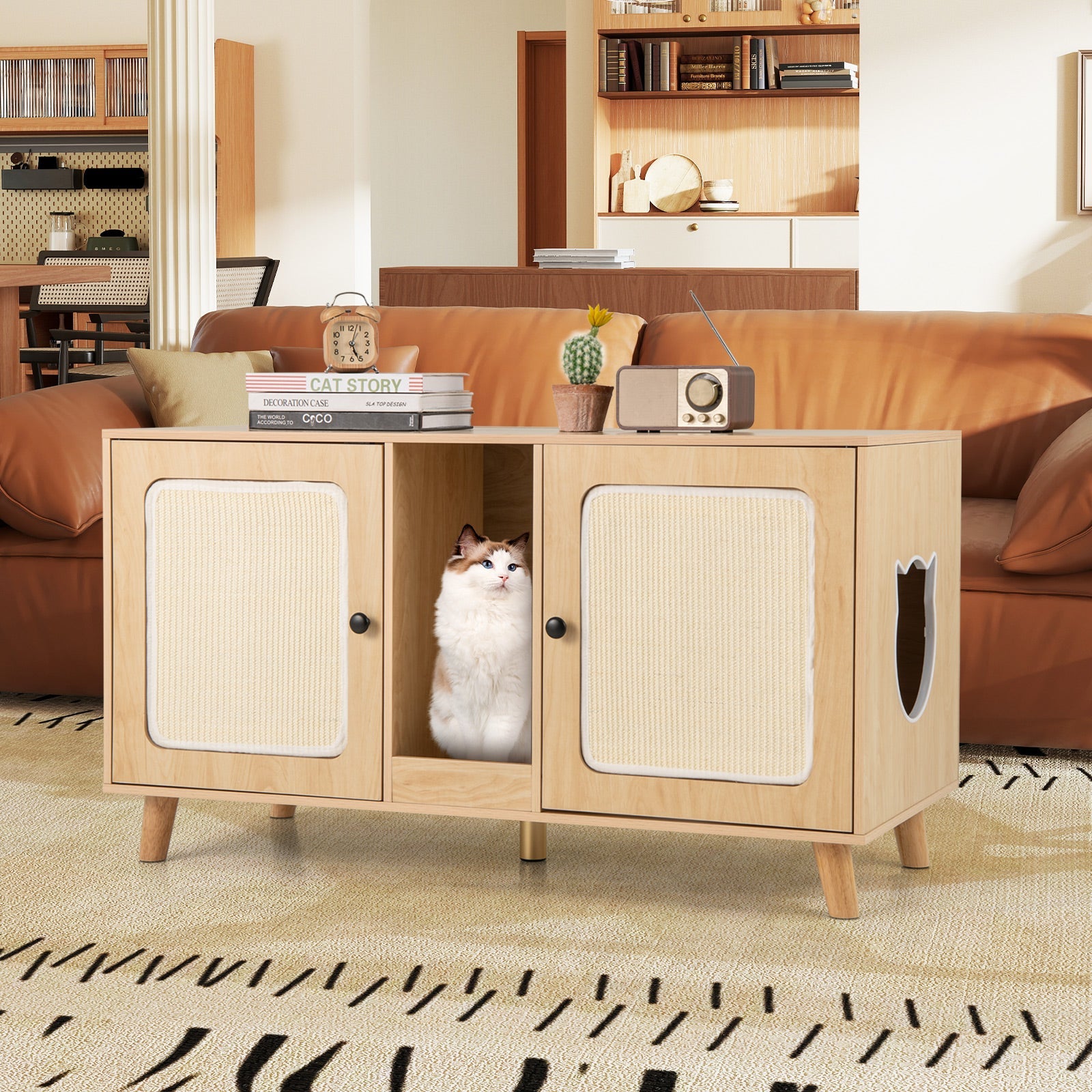 43 Inches Cat Litter Box Enclosure with Double Rooms and 2 Sisal Scratching Mats