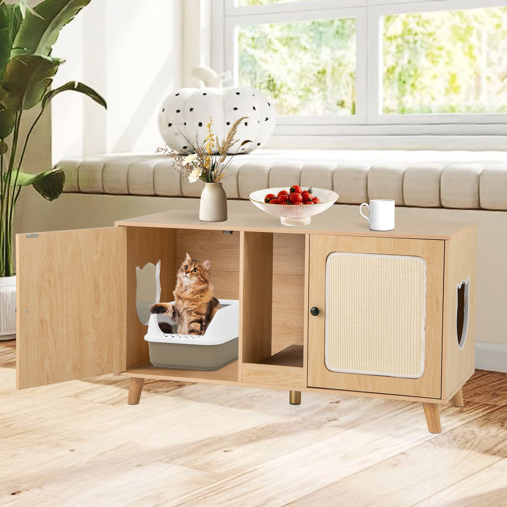 43 Inches Cat Litter Box Enclosure with Double Rooms and 2 Sisal Scratching Mats