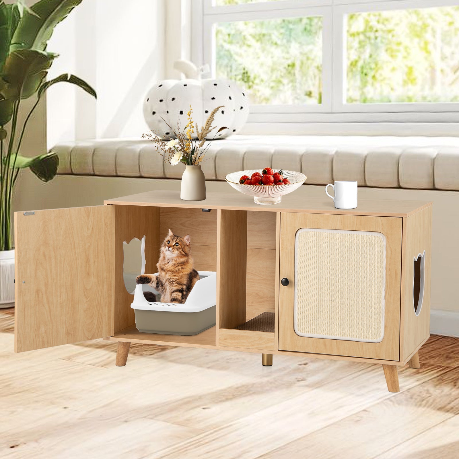 43 Inches Cat Litter Box Enclosure with Double Rooms and 2 Sisal Scratching Mats