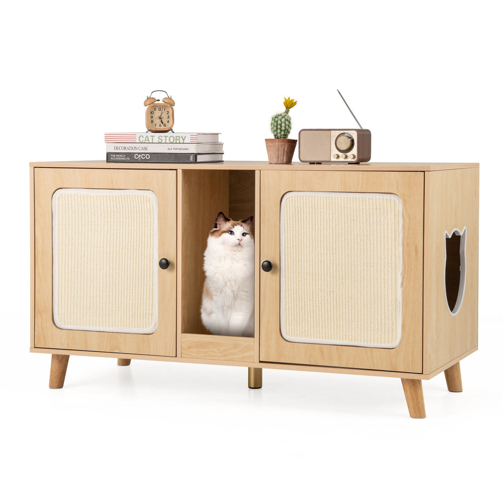 43 Inches Cat Litter Box Enclosure with Double Rooms and 2 Sisal Scratching Mats Natural