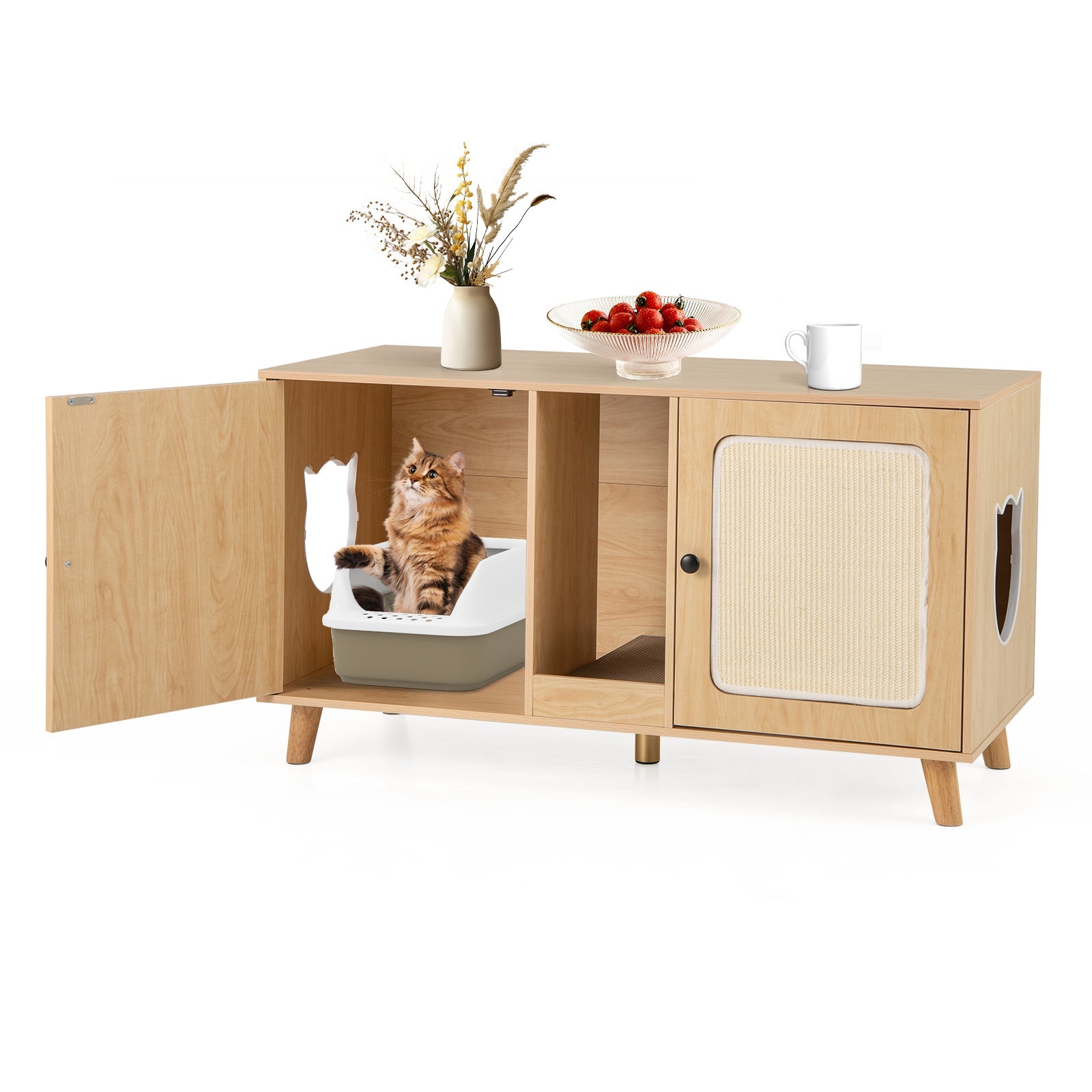 43 Inches Cat Litter Box Enclosure with Double Rooms and 2 Sisal Scratching Mats
