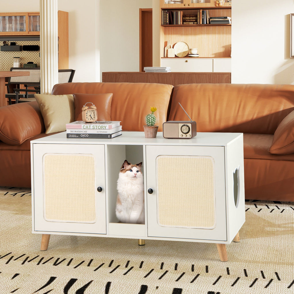 43 Inches Cat Litter Box Enclosure with Double Rooms and 2 Sisal Scratching Mats