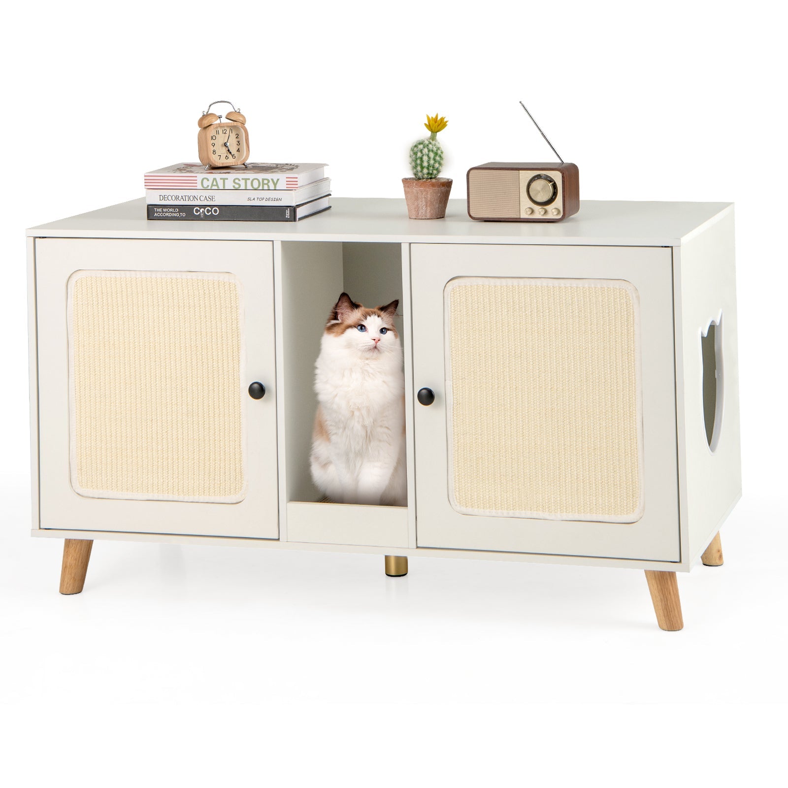 43 Inches Cat Litter Box Enclosure with Double Rooms and 2 Sisal Scratching Mats White