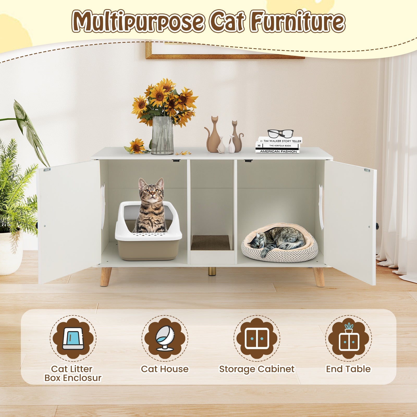 43 Inches Cat Litter Box Enclosure with Double Rooms and 2 Sisal Scratching Mats