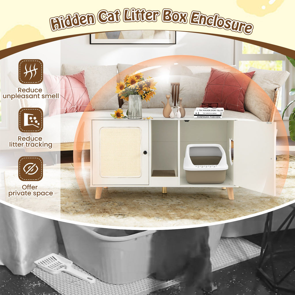 43 Inches Cat Litter Box Enclosure with Double Rooms and 2 Sisal Scratching Mats