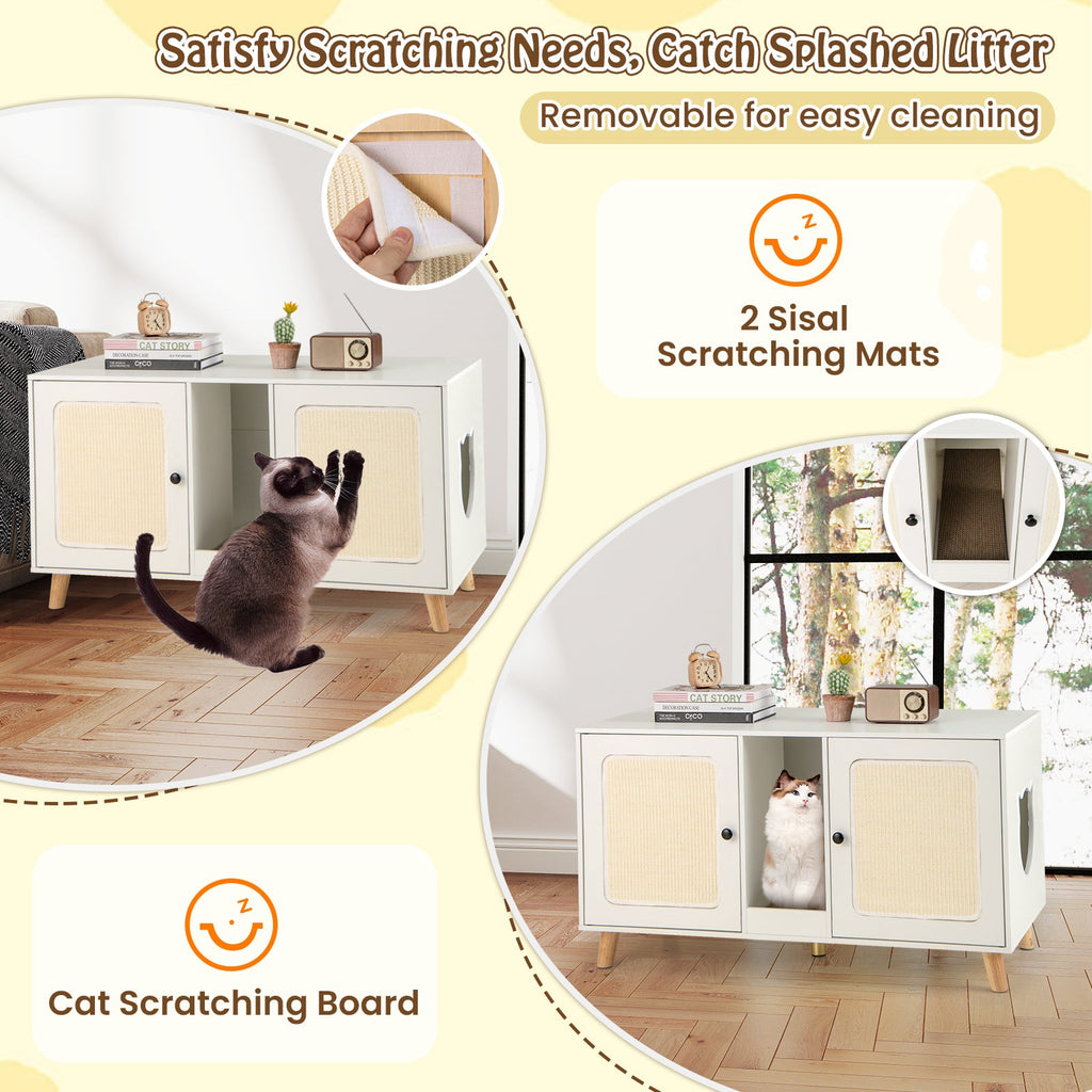 43 Inches Cat Litter Box Enclosure with Double Rooms and 2 Sisal Scratching Mats