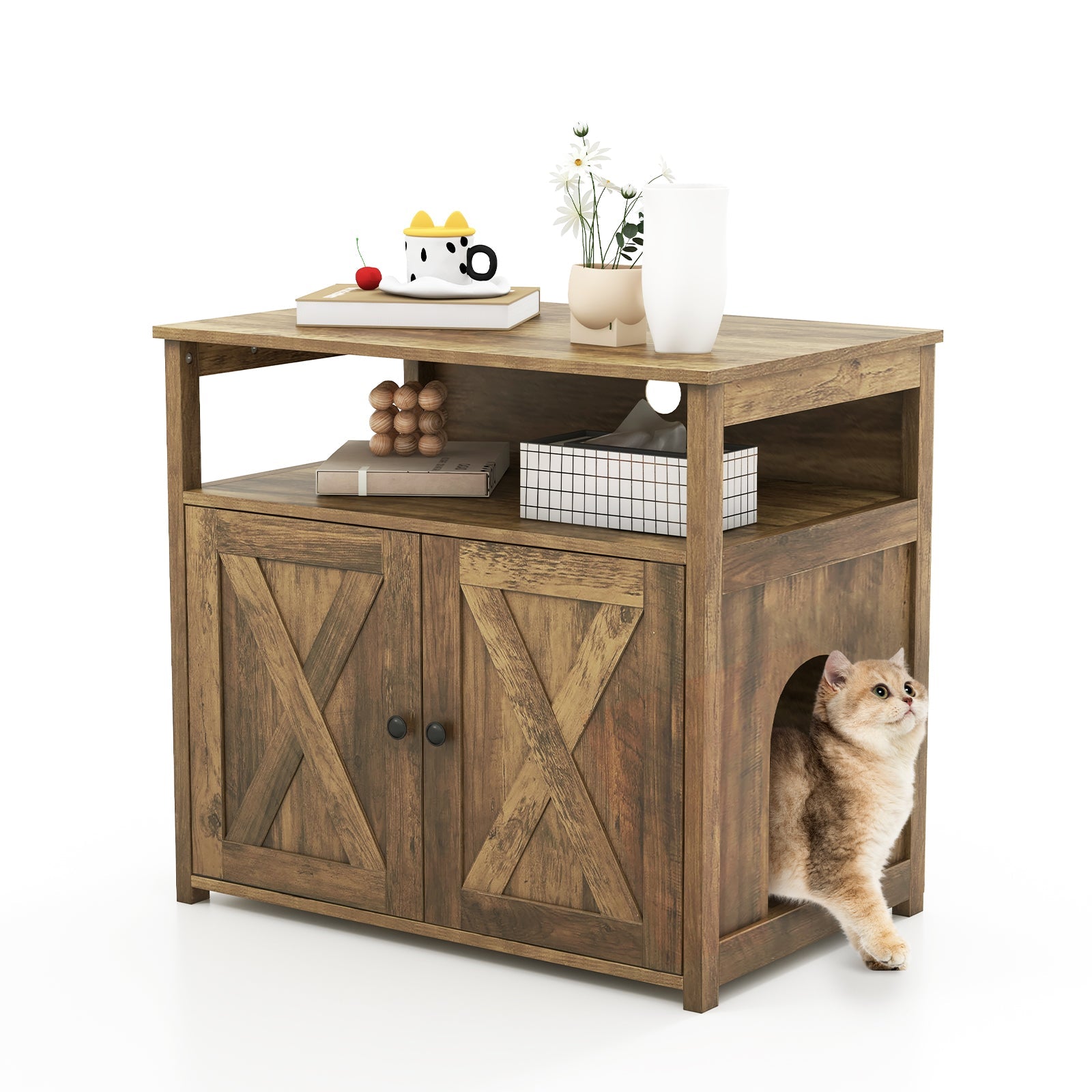 Cat Litter Box Enclosure with Double Barn Doors Divider Side Entry and Storage Shelf Default Title