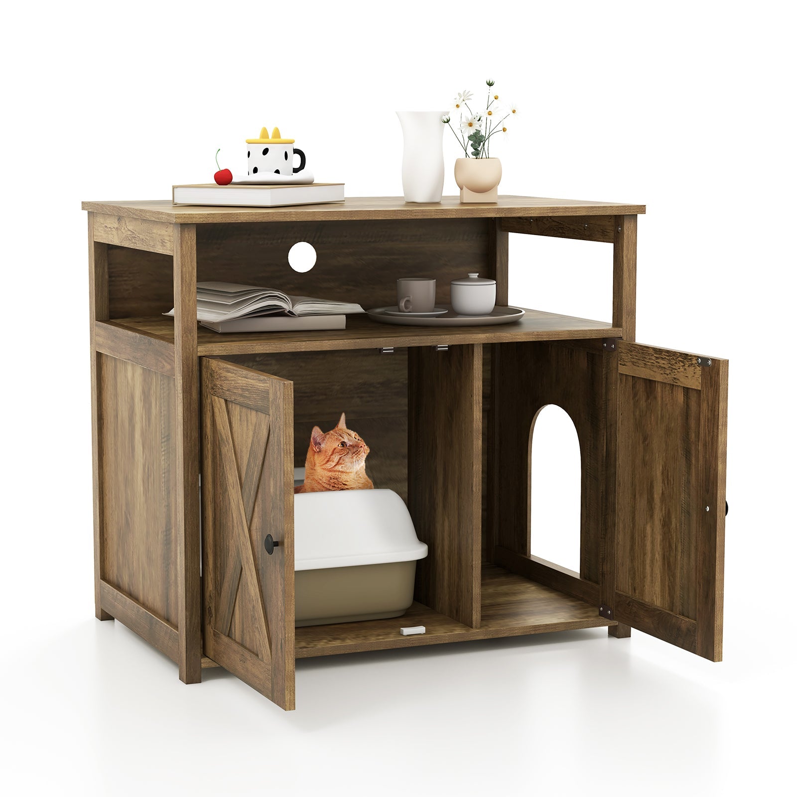 Cat Litter Box Enclosure with Double Barn Doors Divider Side Entry and Storage Shelf