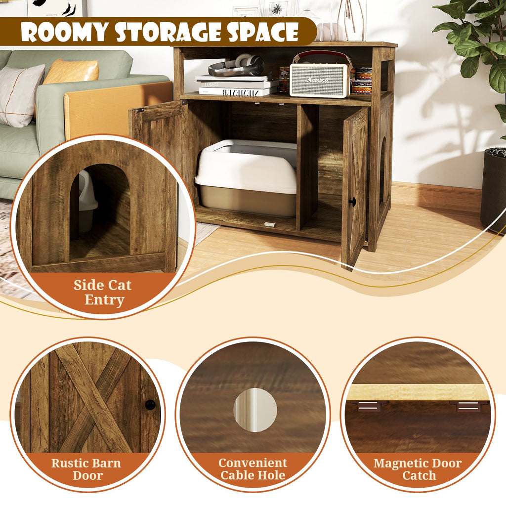 Cat Litter Box Enclosure with Double Barn Doors Divider Side Entry and Storage Shelf