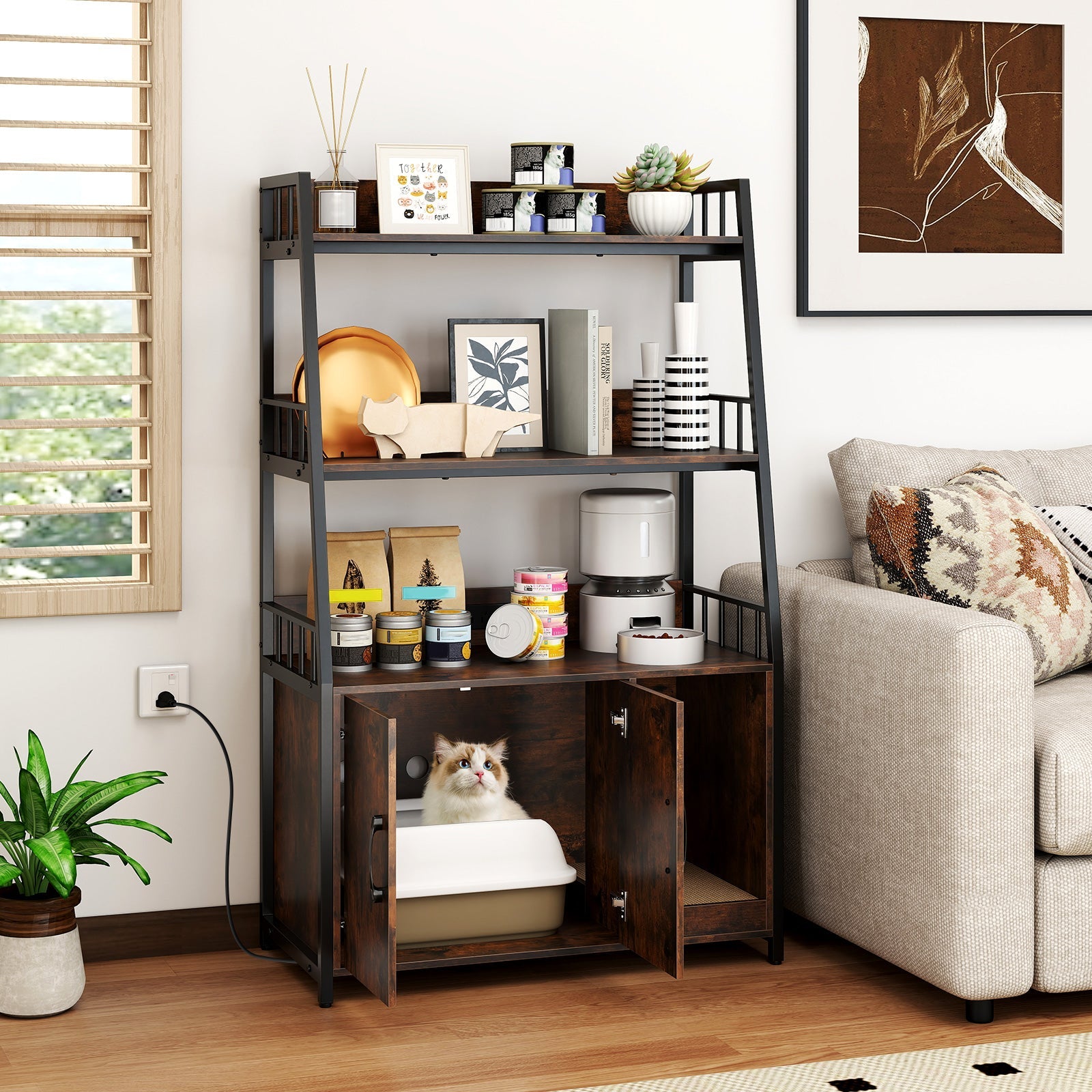 Cat Litter Box Enclosure with Storage Shelves and Scratching Pad