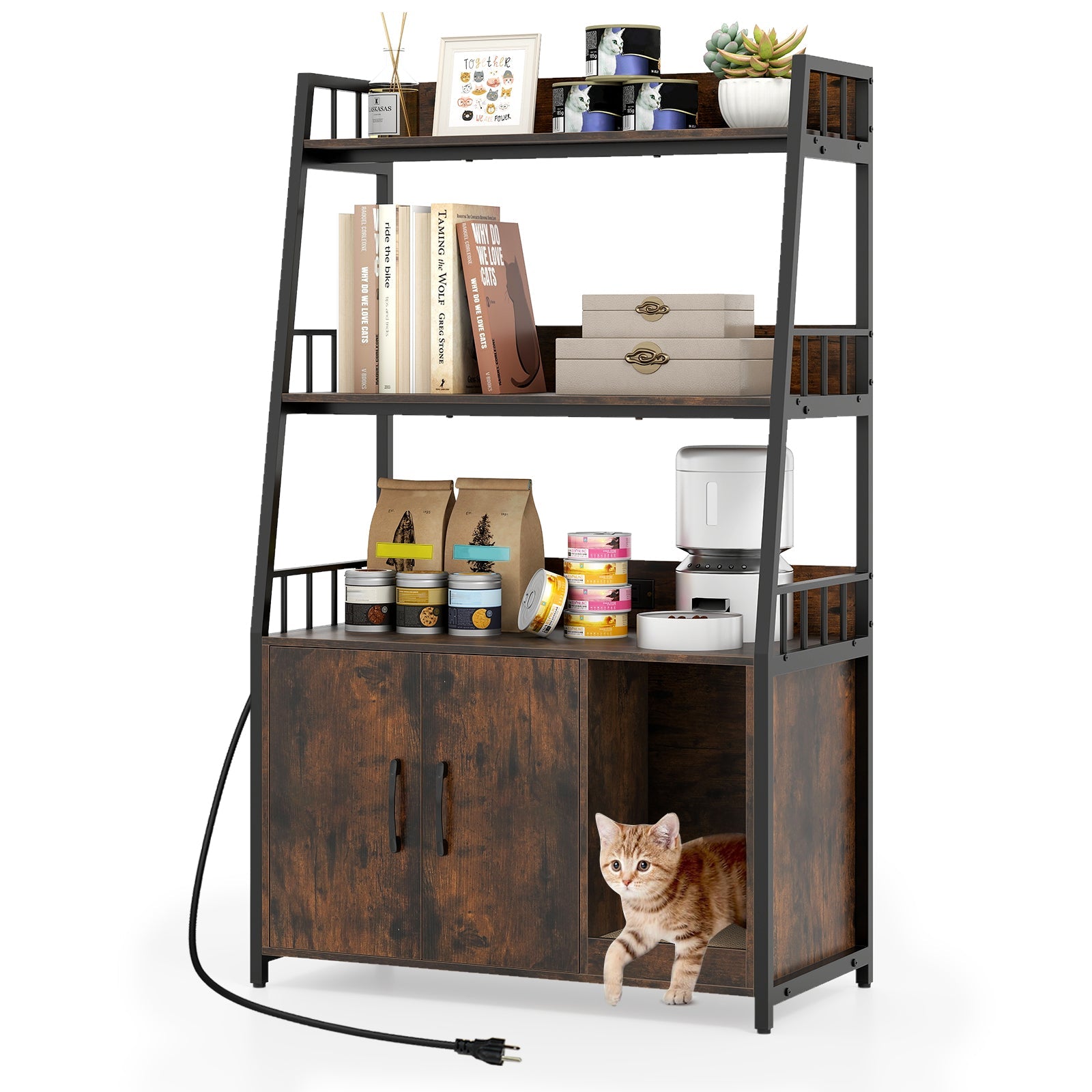 Cat Litter Box Enclosure with Storage Shelves and Scratching Pad Rustic Brown Brown