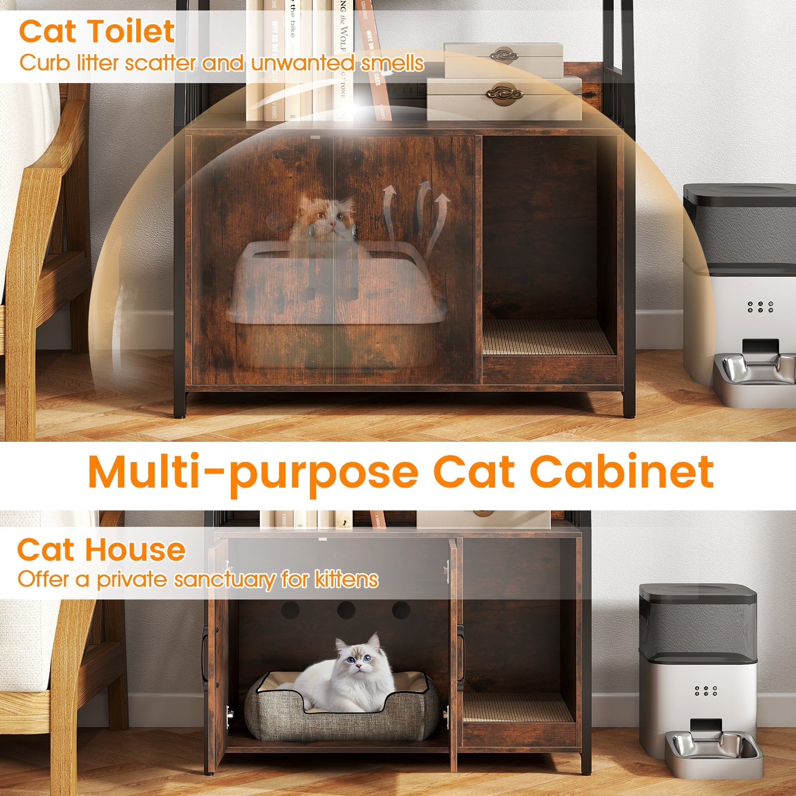 Cat Litter Box Enclosure with Storage Shelves and Scratching Pad