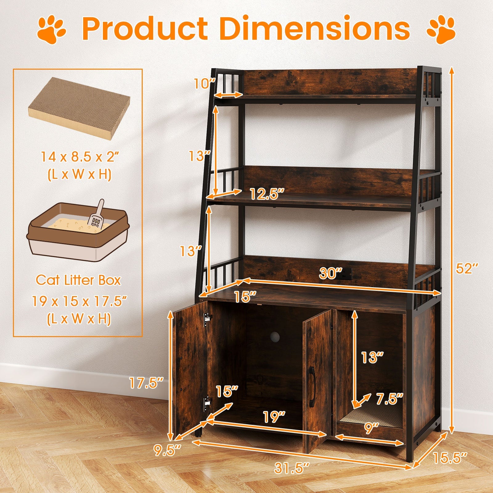 Cat Litter Box Enclosure with Storage Shelves and Scratching Pad