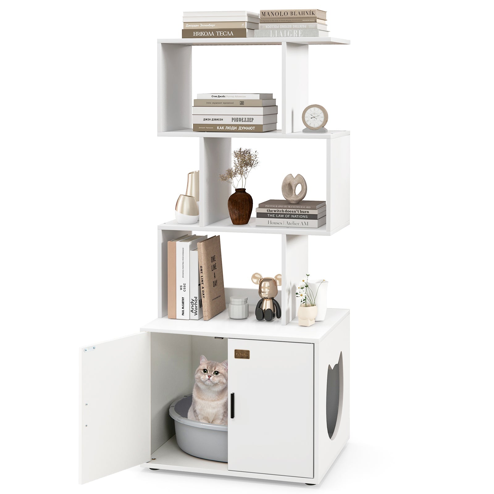 56 Inch Tall Cat Litter Box Enclosure with Storage White
