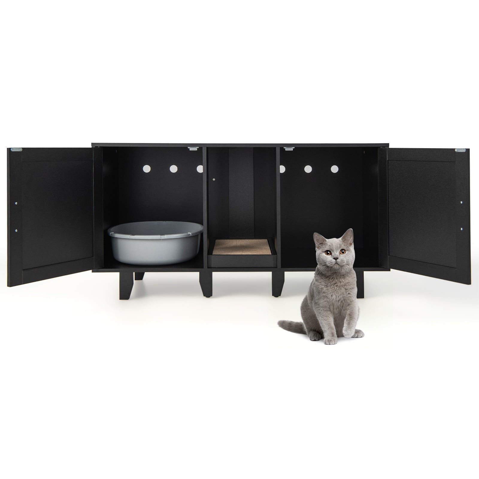 2-Door Cat Litter Box Enclosure with Winding Entry and Scratching Board Black