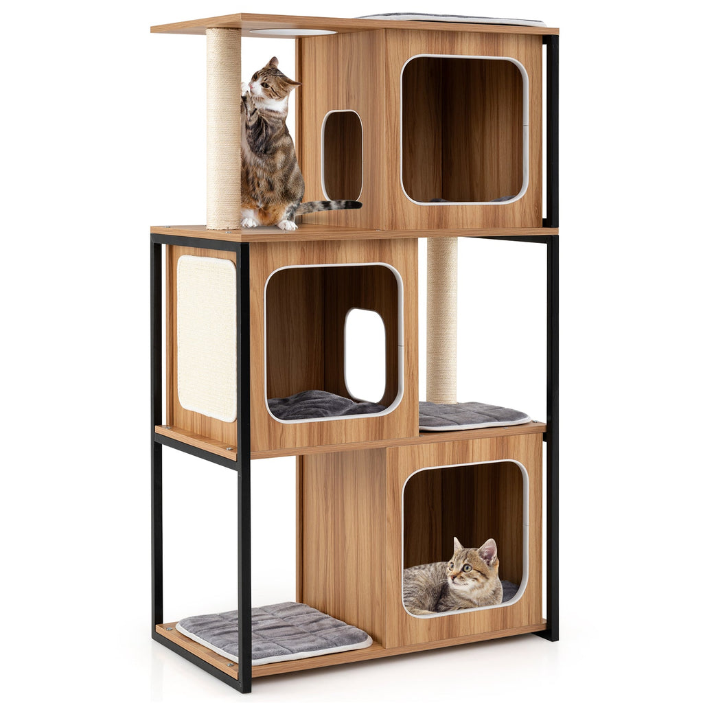 Modern Cat Tree Cat House with Metal Frame and Scratching Posts-Natural Default Title