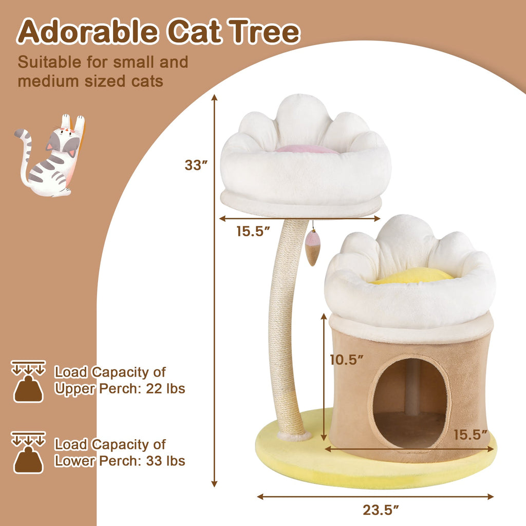 Cat Tree Small Cat Tower with 2 Removable and Washable Perches-White