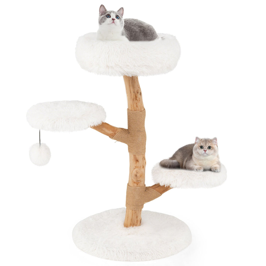 Cat Tree Solid Pear Wood with Perch and Natural Jute Scratching Posts-Brown White