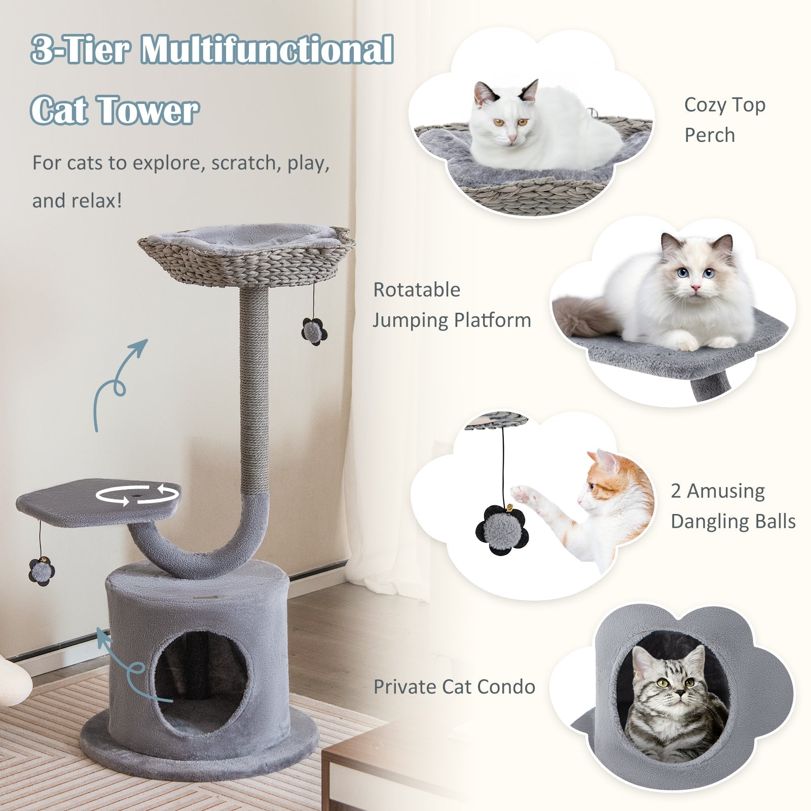 42 Inch Tall Cat Tower with Curved Metal Supporting Frame for Large and Small Cats-Gray