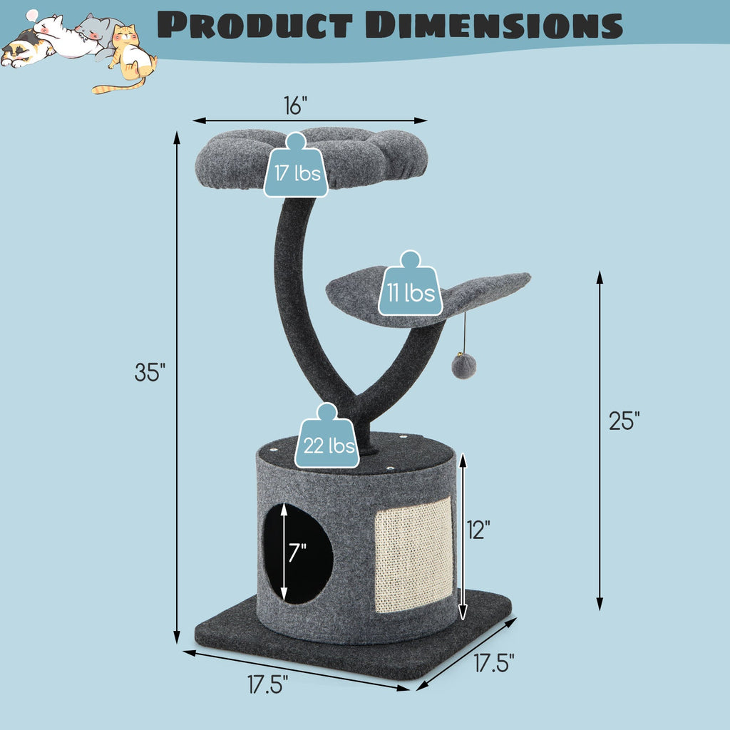 Cat Tree for Indoor Cats with Curved Metal Supporting Frame for Large & Small Cats-Gray