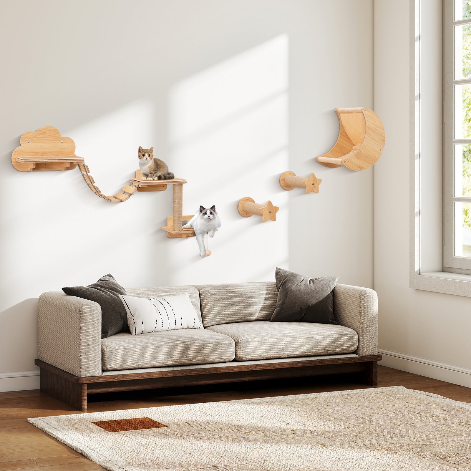 Cat Wall Furniture Set Kitten Wall Mounted Shelves with Hammock-Natural