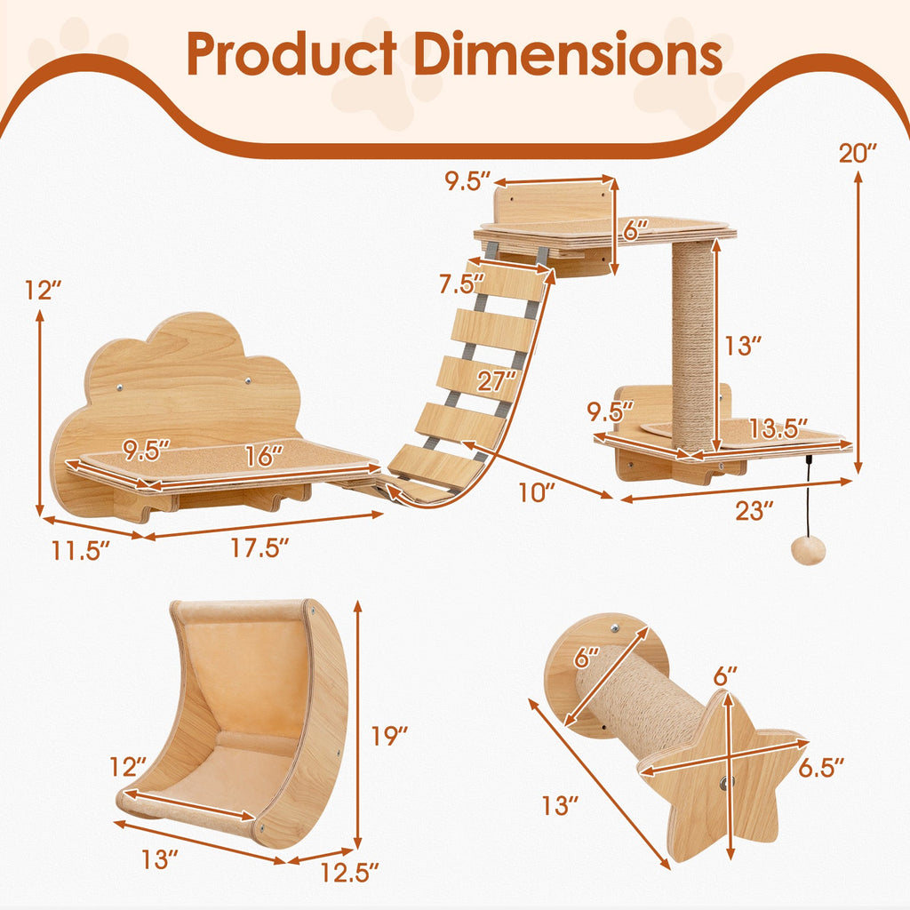 Cat Wall Furniture Set Kitten Wall Mounted Shelves with Hammock-Natural Default Title